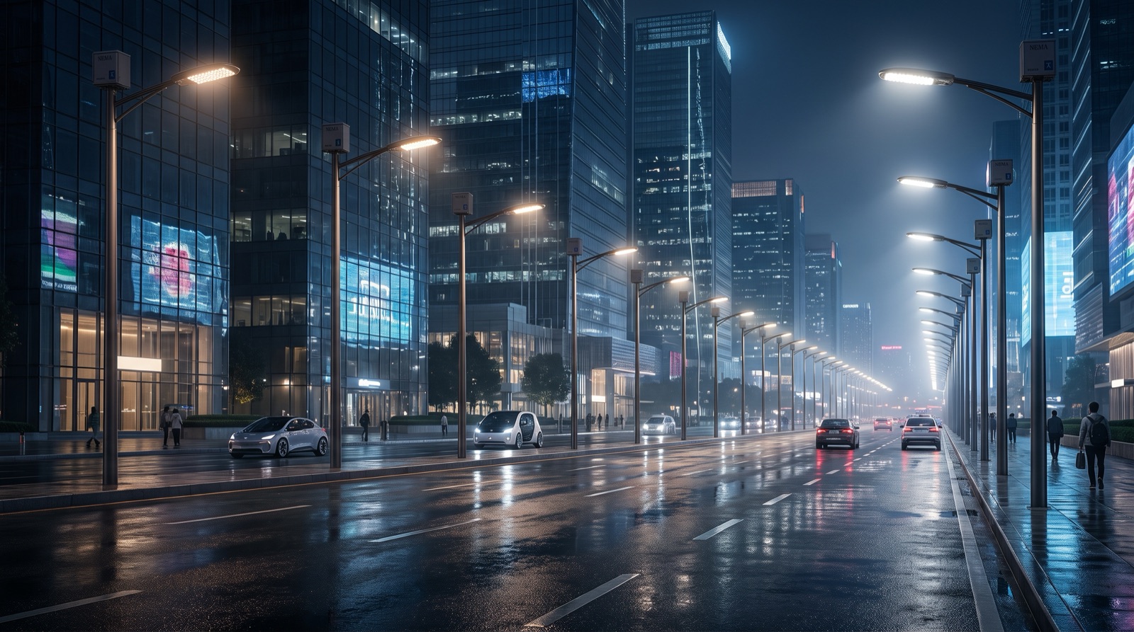Smart-city street at night — adaptive NEMA streetlights, autonomous vehicles and connected infrastructure on a wet urban road