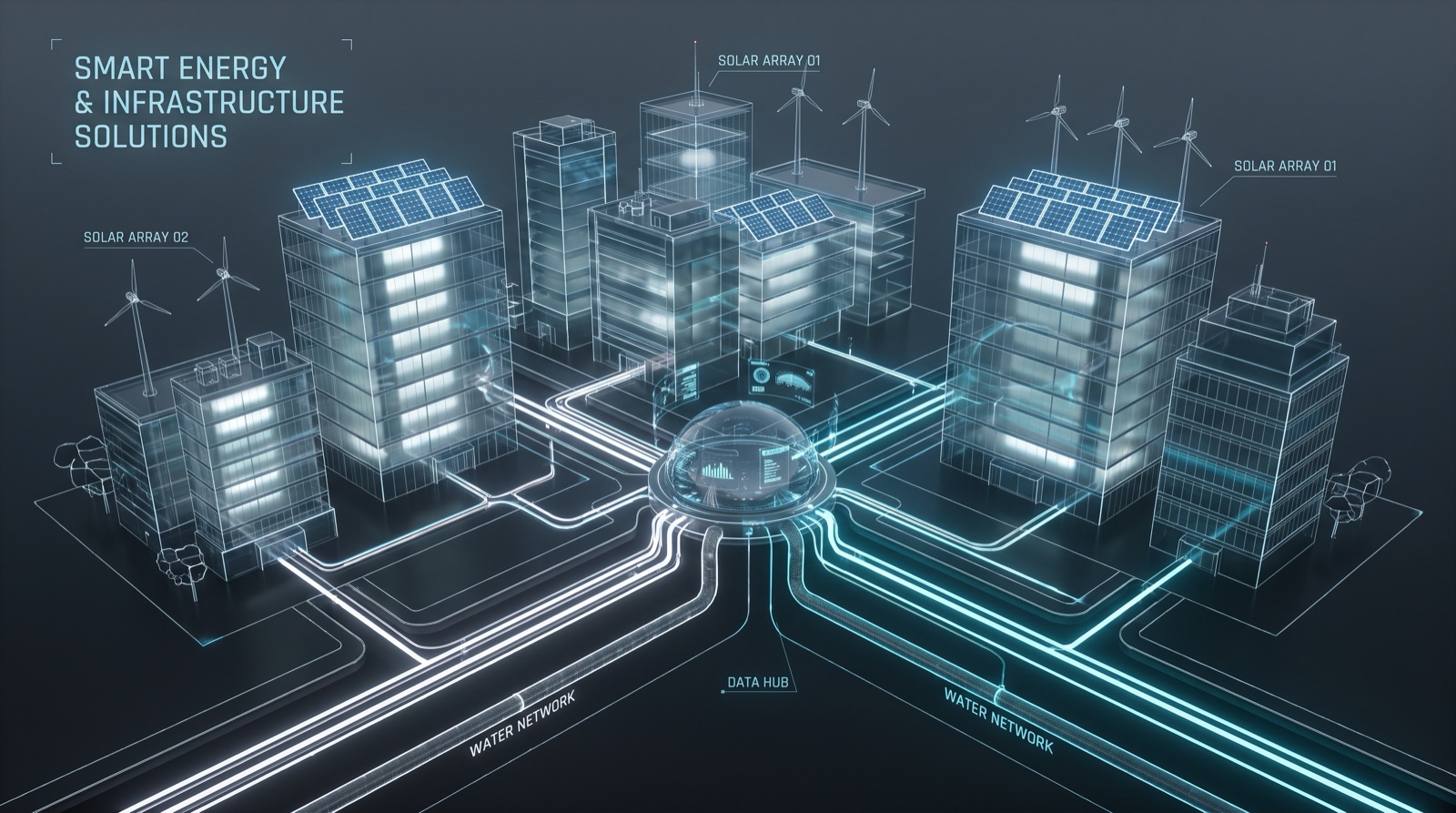 Smart energy and infrastructure solutions — wireframe smart city block with rooftop solar arrays, wind turbines, a central data hub and monitored water networks