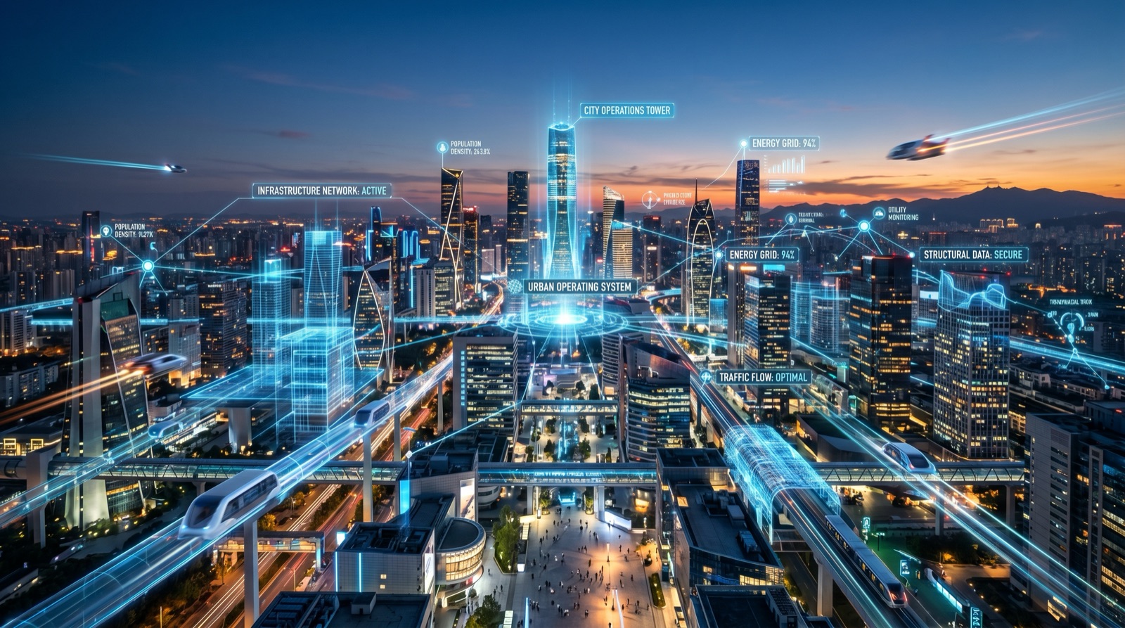 Quantum Asset Technologies urban operating system — live digital twin overlay of a smart city showing traffic flow, energy grid, infrastructure network and structural data